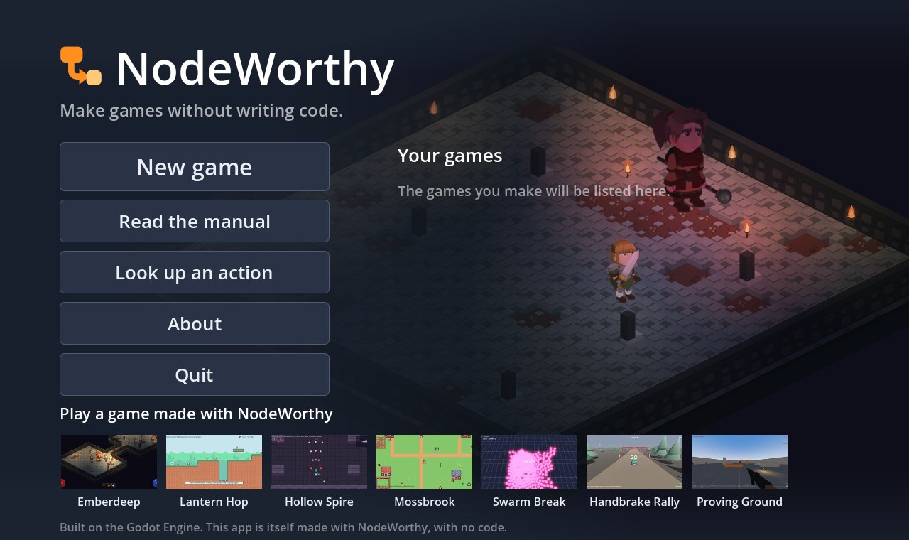 The NodeWorthy front page: New game, the manual, the action reference, your games, and a row of seven games to play.