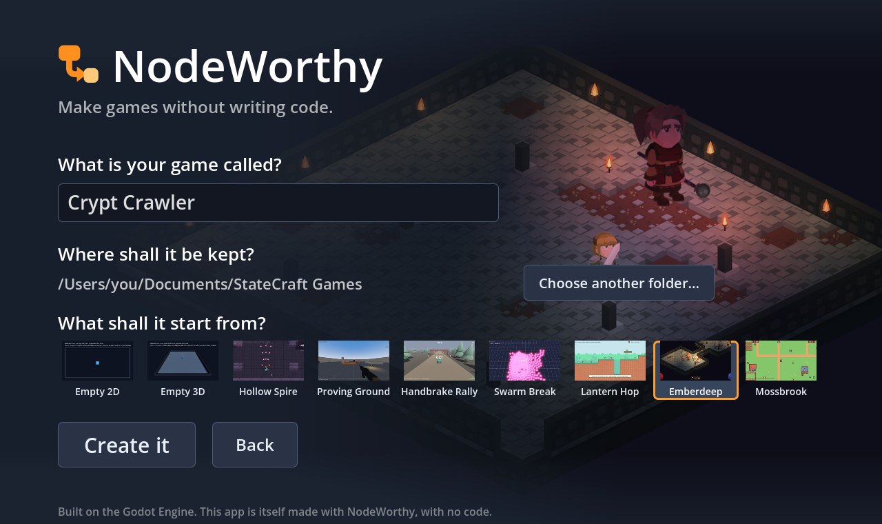 Starting a new game in NodeWorthy: a name, a folder, and a row of pictures to start from.