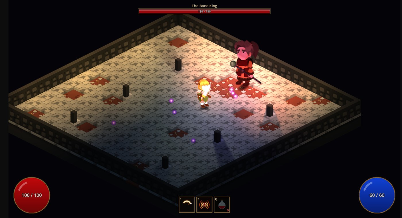 Emberdeep's Bone King firing a fan of bolts at the hero, in the running game.