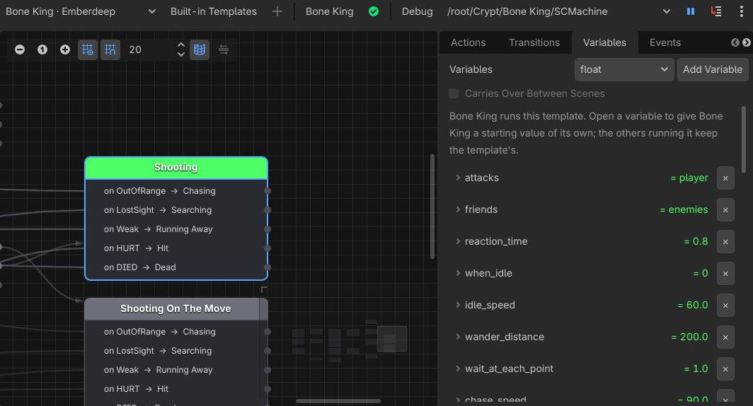 The NodeWorthy debugger watching the Bone King: his Shooting state lit, Pause pressed, and his variables live in green.