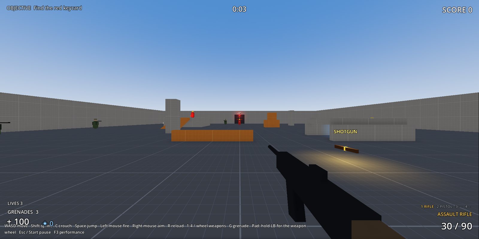 Proving Ground: a first-person view of a warehouse arena, assault rifle in hand.
