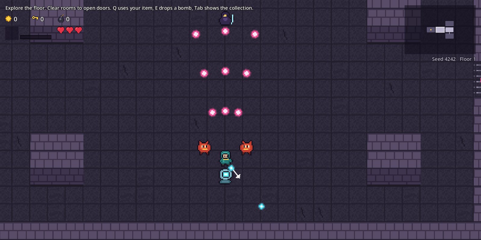 Hollow Spire: the player between two enemies in a room of bullets.